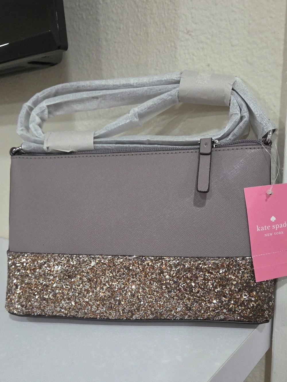 kate spade gray and gold glitter crossbody bag